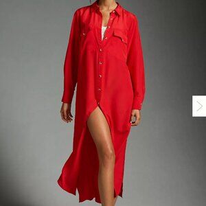 NWT By Anthropologie Long-Sleeve Silk Shirt Dress, Red, Maxi